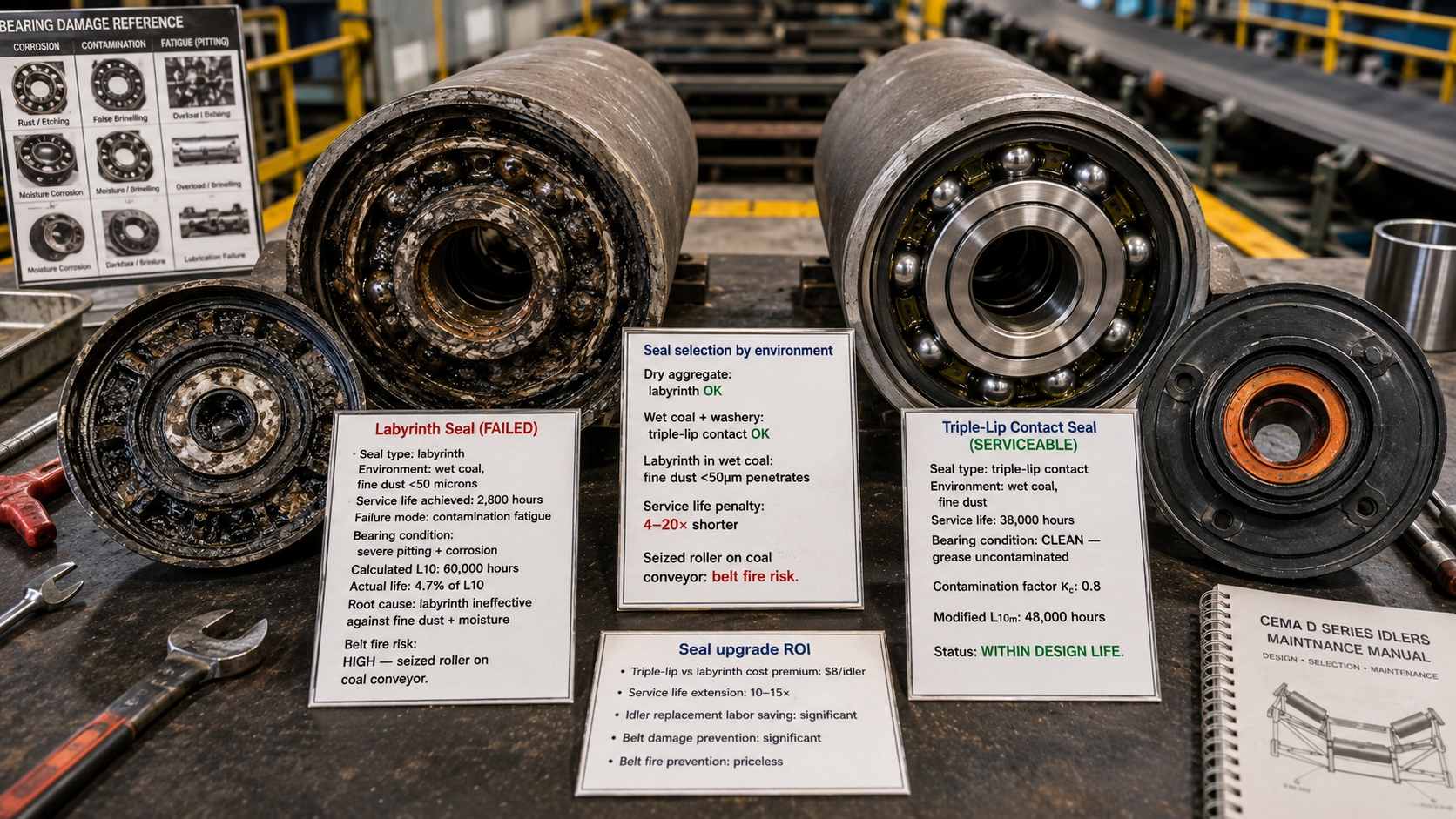Belt Conveyor Idler Roller Selection: CEMA Series, Load Rating, Bearing Life, and Failure Mode Guide